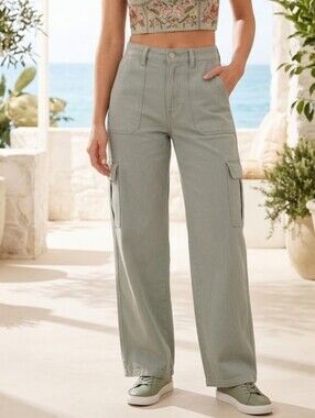 Y2K High Rise Wide Leg Denim Cargo Pants Faded Blue Gray Utility Gorpcore